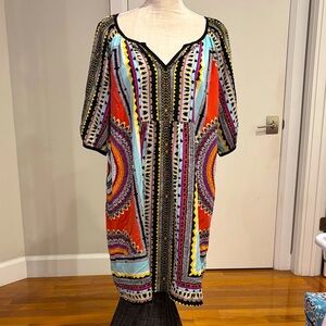 Gibson Latimer Boho Geometric Print Tunic Dress Size L V-Neck Balloon Sleeve